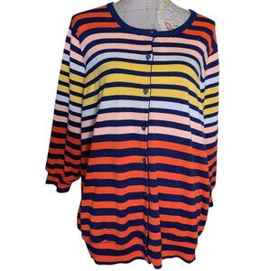 Lands' End Size 3X Orange Navy Stripes Button-Down Crewneck Cardigan Sweater